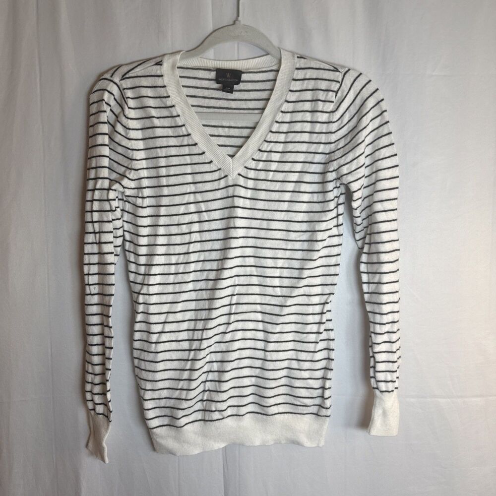 Women’s Worthington White With Black Stripes V Neck Lightweight Sweater Size XS